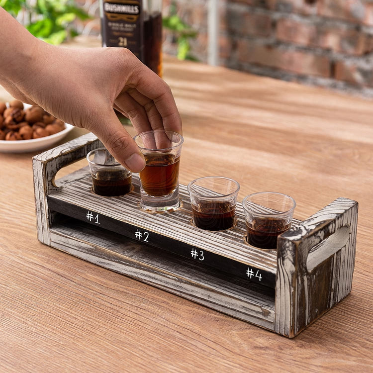 Torched Wood Shot Glass Flight Tray, Sampler Serving Caddy with Chalkboard Label and 4 Shot Glasses-MyGift