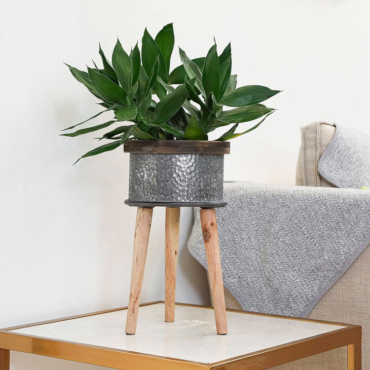 Hammered Galvanized Metal Flower Planter Pot with Weathered Wood Trim and Wooden Legs-MyGift