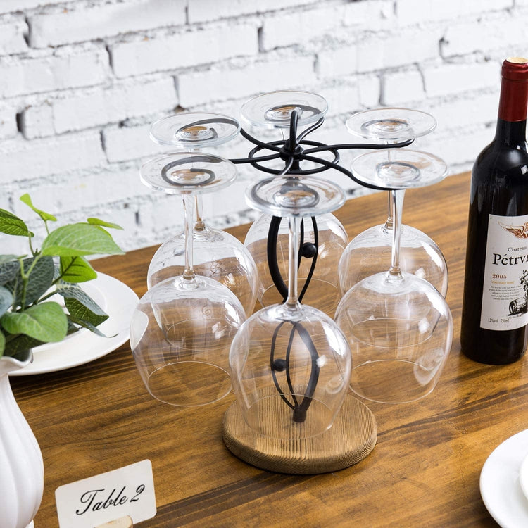 Black Metal Decorative Tabletop Stemware Wine Glass Display Rack with Rustic Wood Base & 6 Hooks-MyGift