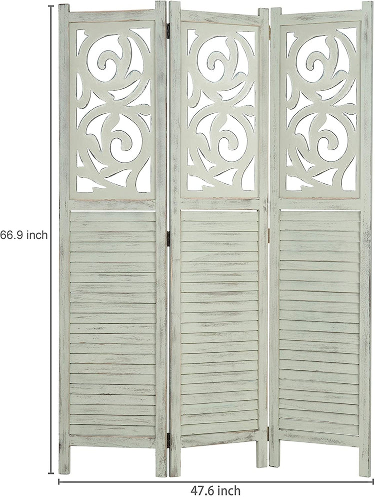 3-Panel Rustic Light Green Carved Wood Folding Room Divider-MyGift