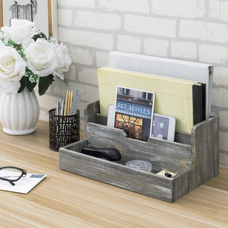 Rustic Brown Whitewashed Wood Tabletop 3-Slot File Folder Desk Organizer with Front Storage Tray-MyGift