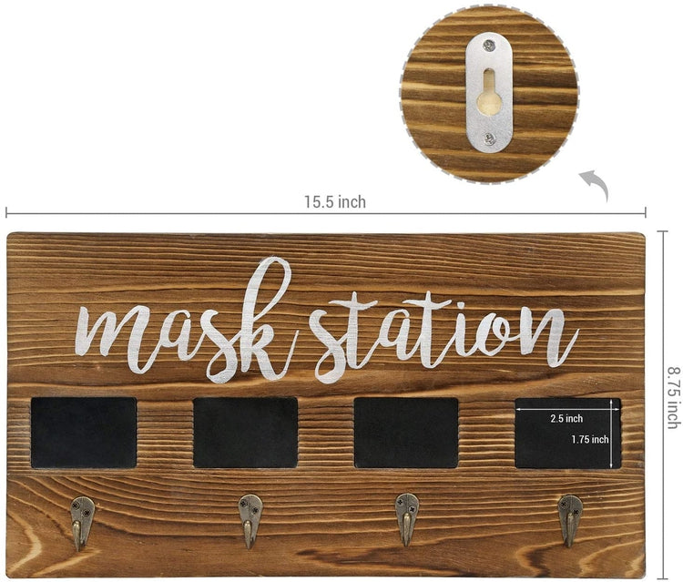 4-Hook Dark Brown Burnt Wood Wall Mounted Face Mask Hanger Rack with Chalkboard Labels-MyGift