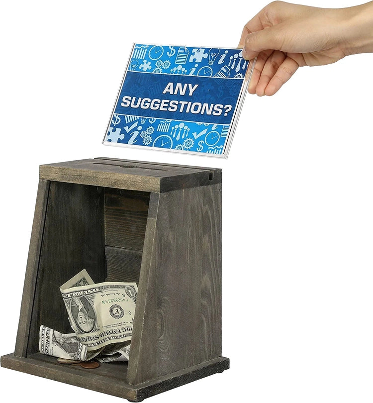 Gray Wood Tip Collection and Donation Box with Window Panel, Top Slot, Lock, Key, Removable Chalkboard, Clear Sign Holder-MyGift
