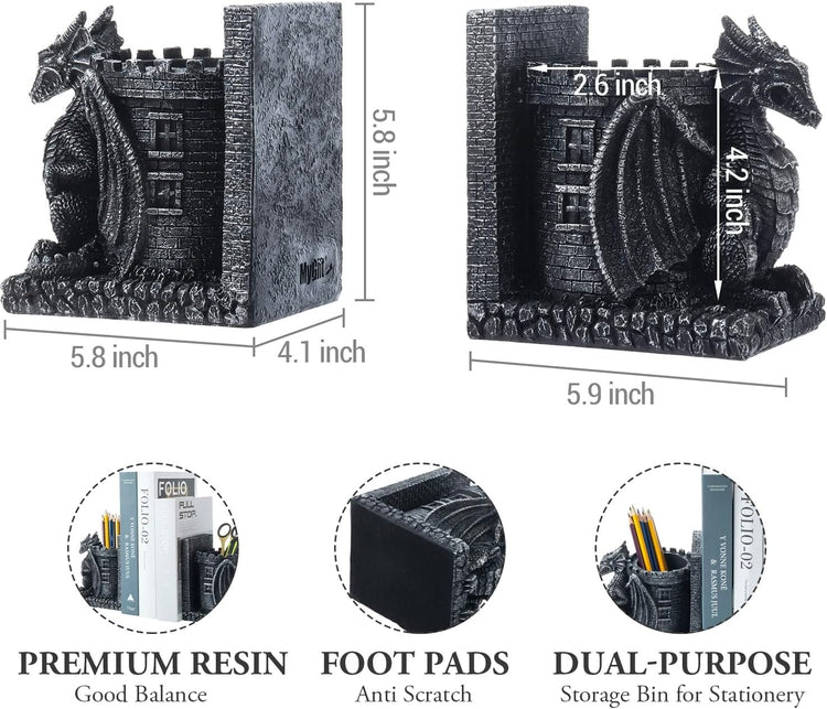 Medieval Black Resin Dragon Guarding Castle Bookends and Pencil Holder, Desk Fantasy Dragons Tower Pen Cups-MyGift