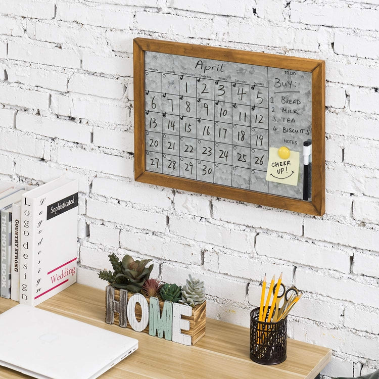 Wall Mounted Galvanized Silver Metal Dry Erase Board Calendar with Brown Wooden Frame-MyGift