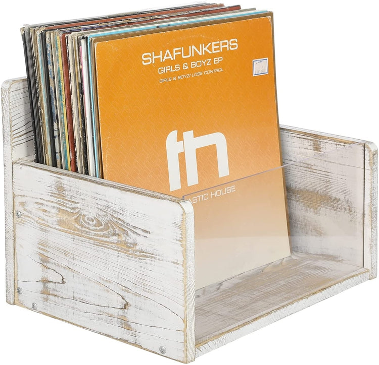 Whitewashed Wood Vinyl LP Record Album Holder Storage Crate with Clear Premium Acrylic Front Panel-MyGift