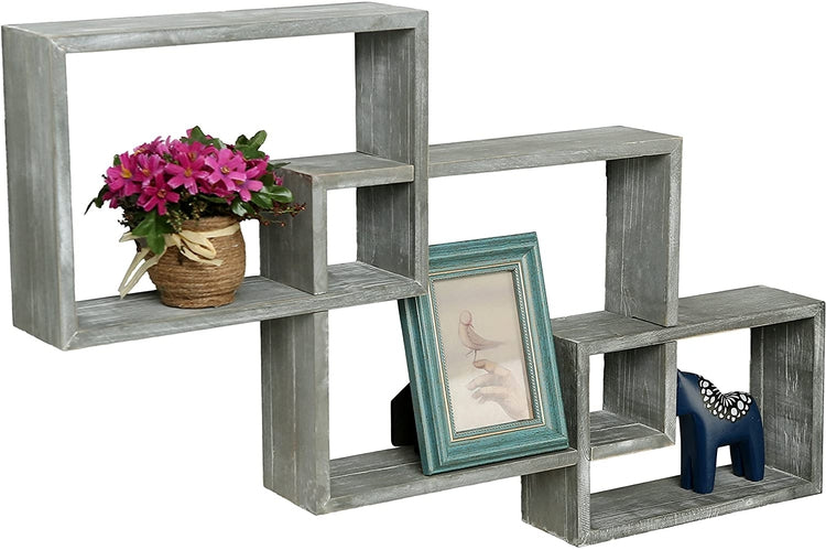 Set of 3 Wall-Mounted Weathered Gray Interlocking Wooden Shadow Boxes, Floating Box Display Shelves-MyGift