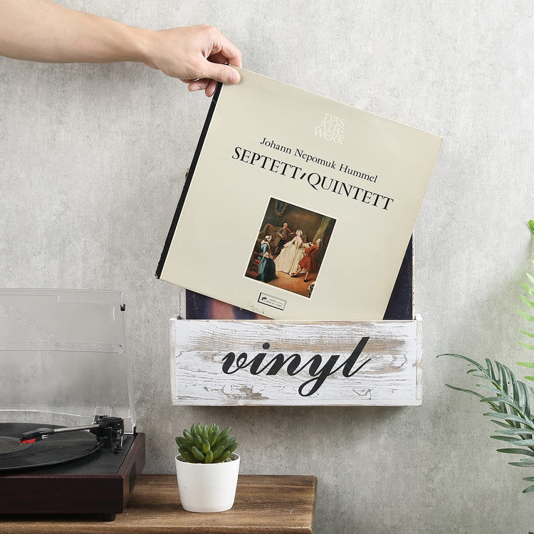 Whitewashed Wood Wall Mounted Vinyl Record Album Holder, LP Display Shelf with Inscribed VINYL Cursive Design-MyGift
