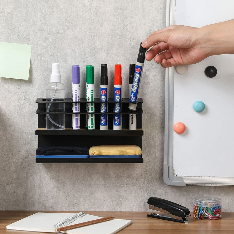 Matte Black Metal Wall Mounted Whiteboard Marker Holder with Cleaner Spray Bottle Slot, Dry Erase Shelf-MyGift