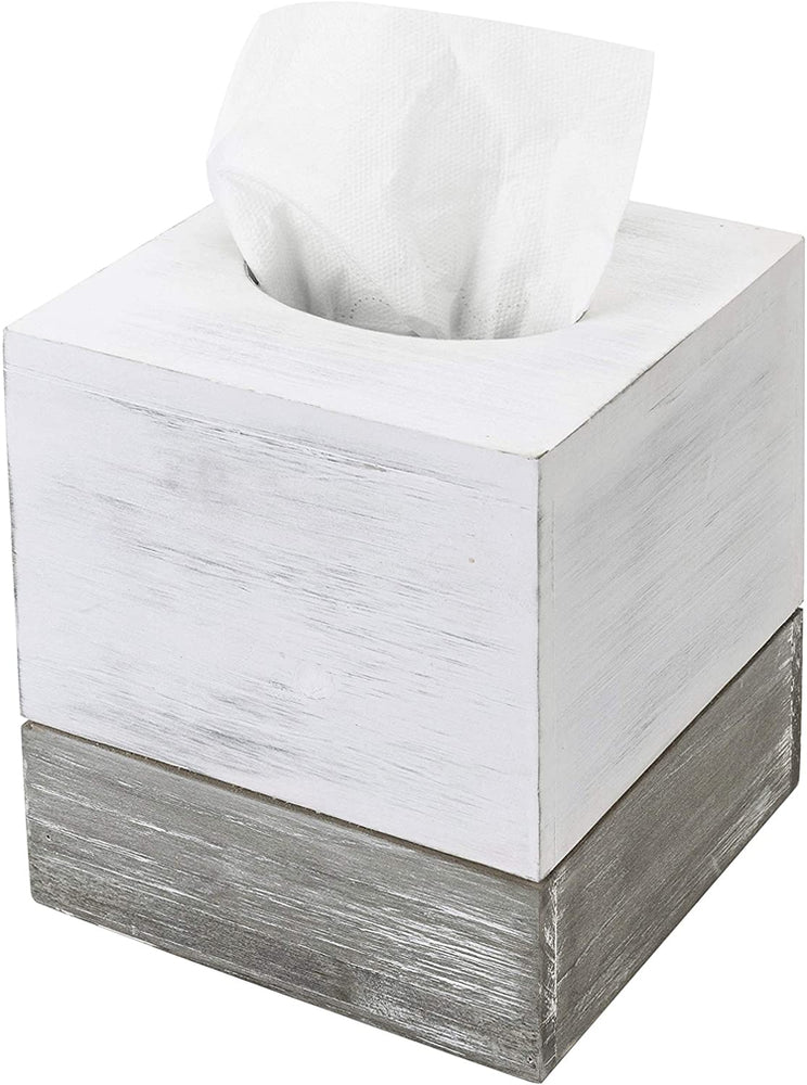 Vintage White & Distressed Gray Wooden Tissue Box Cover with Slide-Out Bottom Panel-MyGift