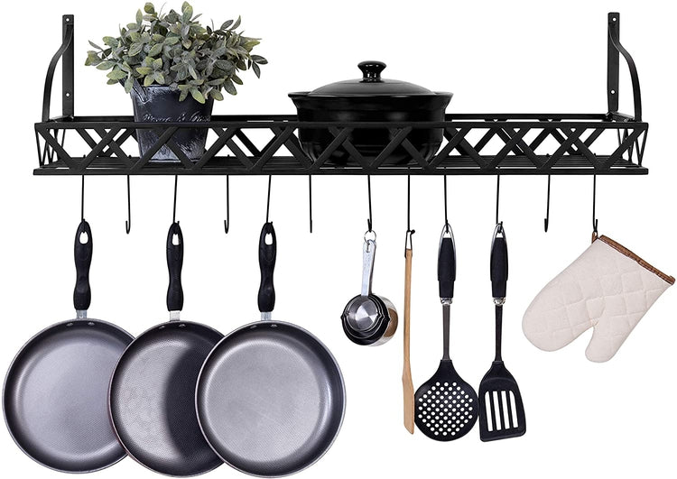 Wall Rack For Kitchenware 36-Inch Wall Mounted Black Metal Kitchen Cookware Storage Rack, Floati ...