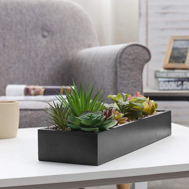 faux succulents in rectangular planter MyGift Assorted Artificial Plant Arrangement in Black Wood Planter Pot
