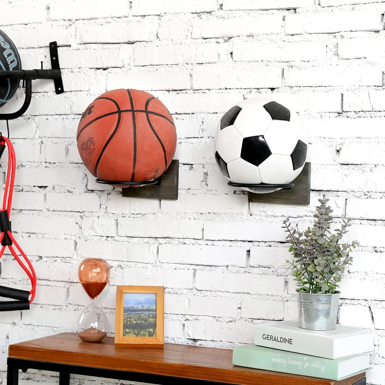 Set of 2, Gray Wood and Black Metal Wall Mounted Sports Ball Holder, Gym Storage Display Rack-MyGift