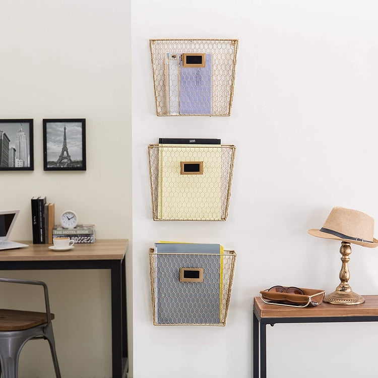 Set of 3 Gold-Tone Metal Wall-Mounted Chicken Wire Magazine & File Folder Baskets-MyGift