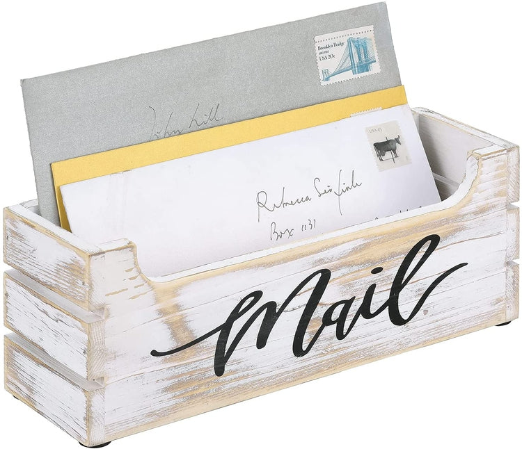 Crate Style Whitewashed Wood Mail Sorter Organizer Box with Cursive Writing "Mail" Label-MyGift