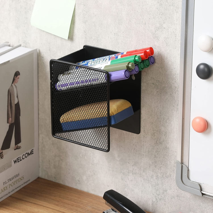 Wall Mounted Black Metal Whiteboard Marker Holder, Office Supplies Storage Bin Organizer, Desktop Pencil Cup Rack-MyGift