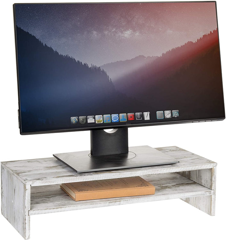 2-Tier Rustic Whitewashed Wood Computer Monitor Stand and Desktop Shelf-MyGift