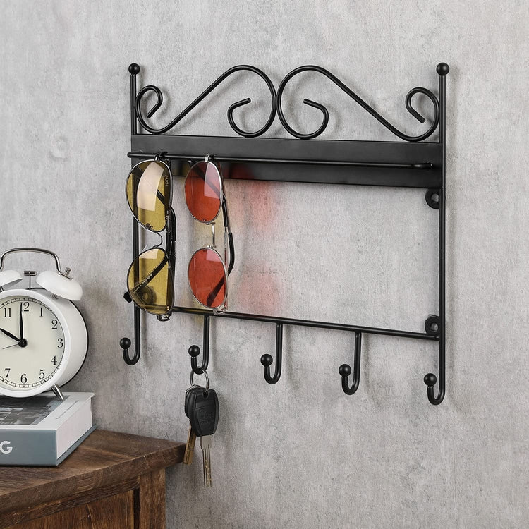 Black Metal Wire Hanging Sunglasses Holder for Home Wall Key Rack with 5 Hooks and Scrollwork Design-MyGift
