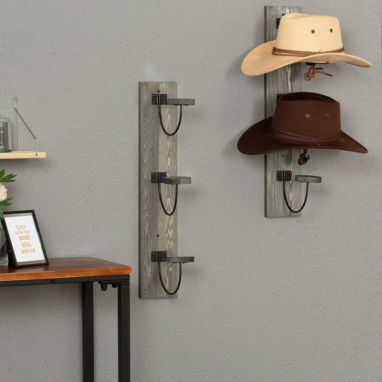 Set of 2, Wall Mounted Hat Rack, Gray Wood and Black Metal Wire Vertical Hat and Coat Storage Hooks-MyGift