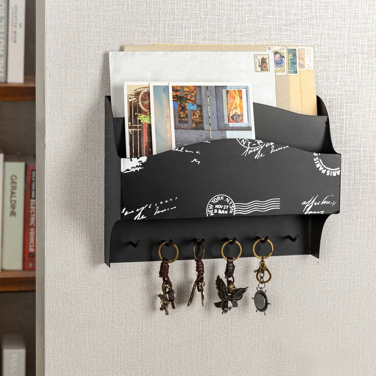 2 Compartment Wall Mounted Mail Sorter, Hanging Black Metal Postcard Design Letter Organizer with 6 Key Holder Hooks-MyGift