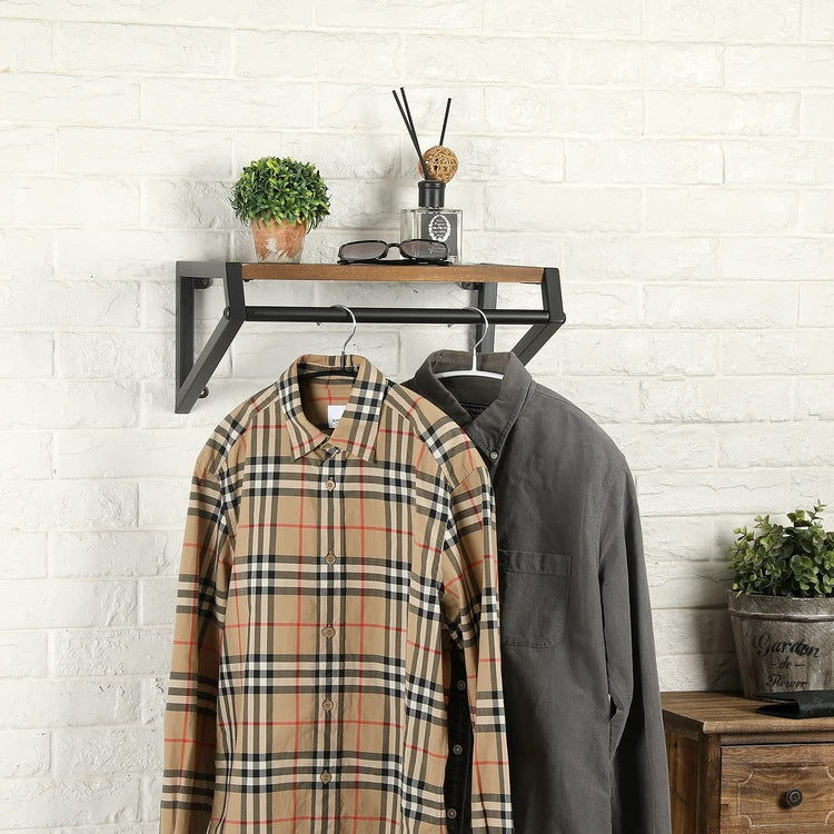 Wall Mounted Clothing Garment Rack with Floating Shelf, Brown Wood and Metal Clothes Hanger Rod-MyGift