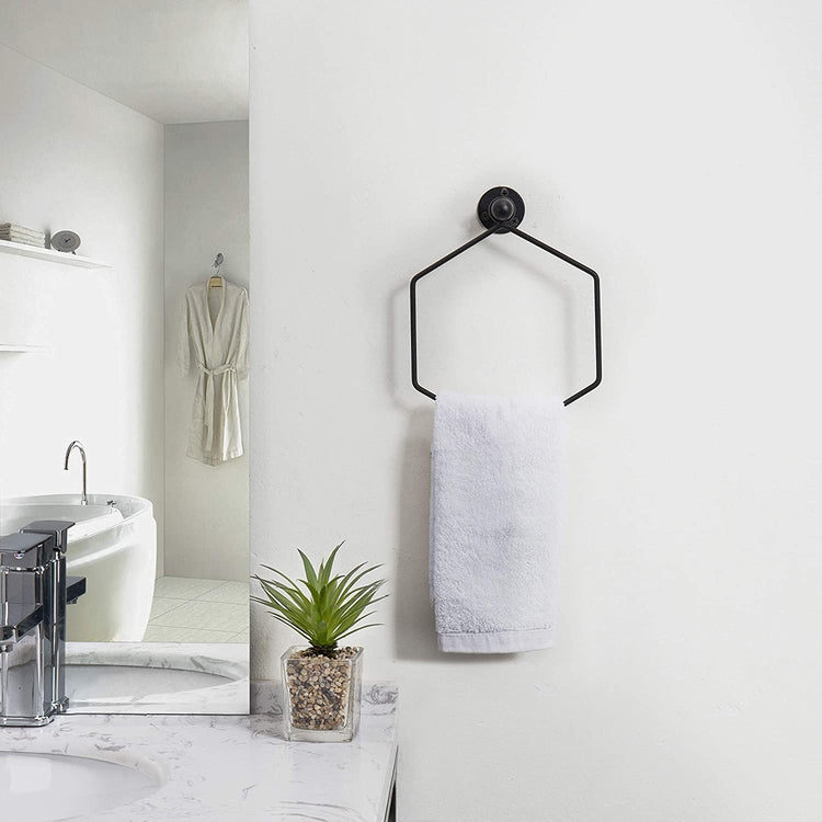 Black Modern Wall Mounted Hexagon Metal Bathroom Hand Towel Ring-MyGift