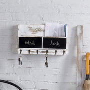 2-Slot Whitewashed Wood Mail Rack with Chalkboard and Key Hooks-MyGift