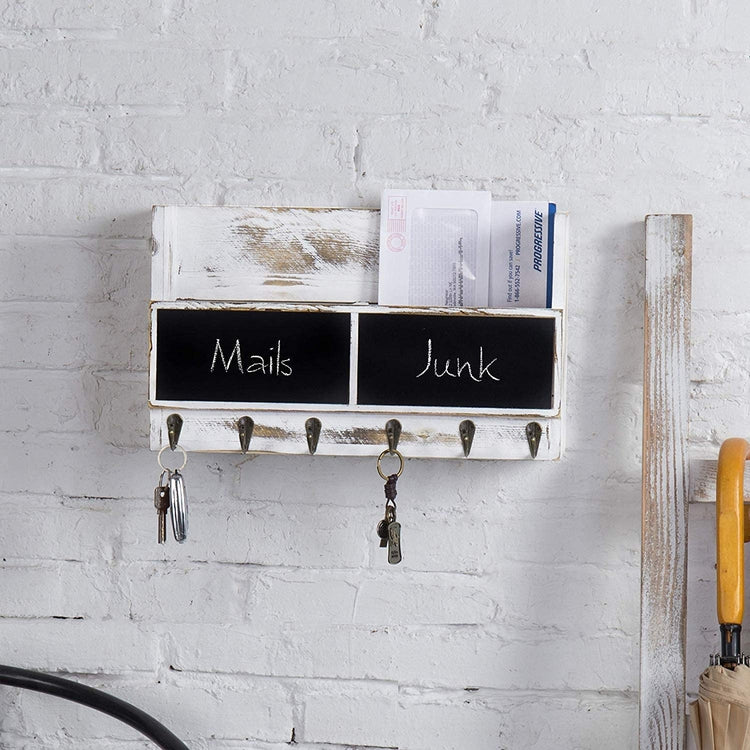 2-Slot Whitewashed Wood Mail Rack with Chalkboard and Key Hooks-MyGift