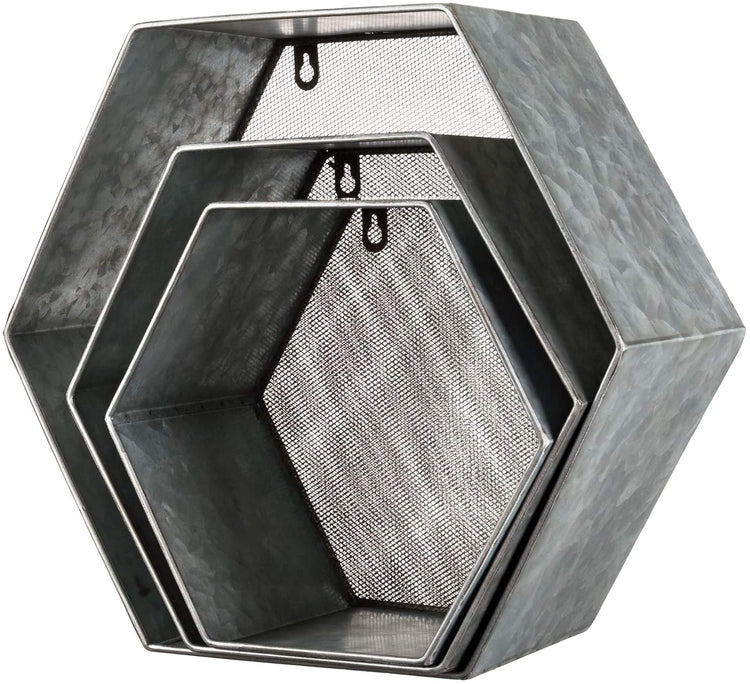 Set of 3, Wall Mounted Hexagon Design Galvanized Silver Metal Floating Shelves with Mesh Backing-MyGift