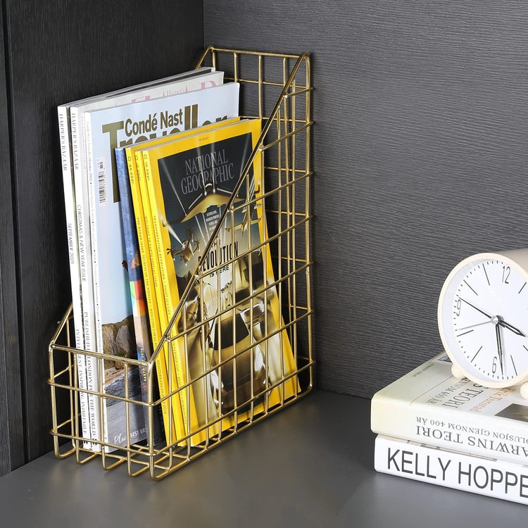 Brass Plated Metal Wire Desktop Organizer Magazine or File Folder Storage Holder Basket-MyGift