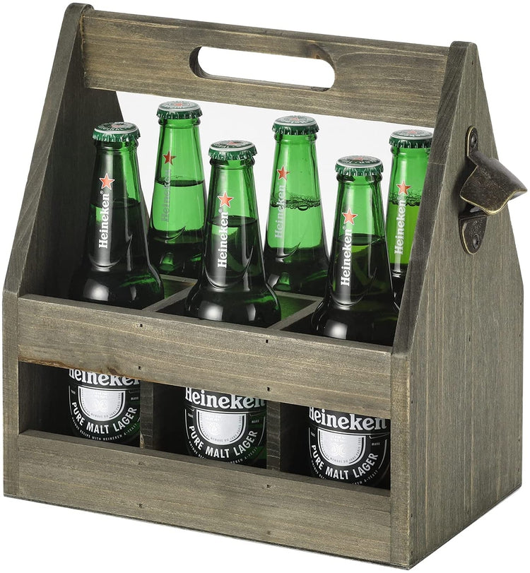 Gray Wood Beer Bottle Carrier Caddy with Antique Brass Bottle Cap Opener and Top Handle-MyGift