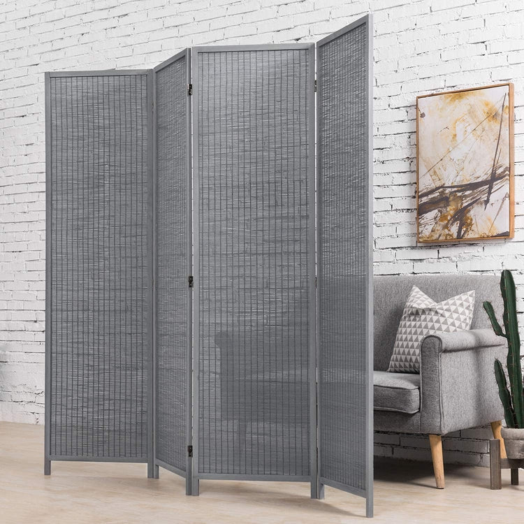 4-Panel Freestanding Contemporary Gray Woven Bamboo Room Divider-MyGift