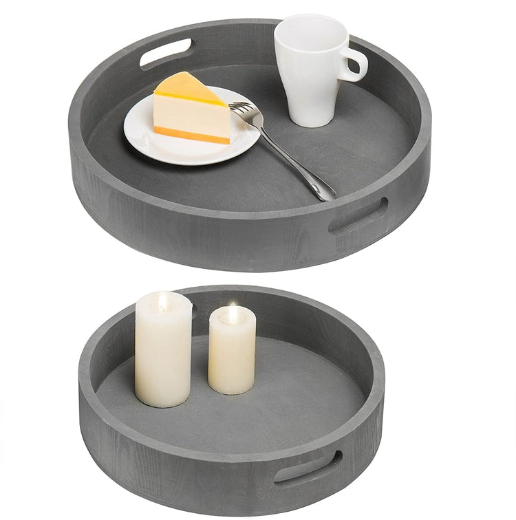 Set of 2, Round Nesting Charcoal Gray Wood Serving Trays-MyGift