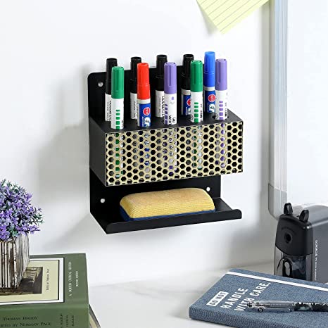 Wall Mount Black Metal Dry Erase Marker Holder, 10 Slot Whiteboard Accessories Rack-MyGift