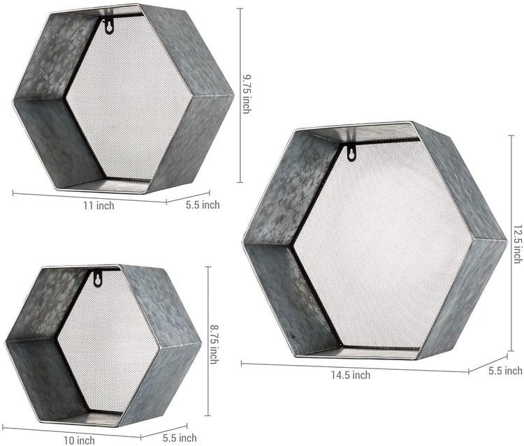 Set of 3, Wall Mounted Hexagon Design Galvanized Silver Metal Floating Shelves with Mesh Backing-MyGift