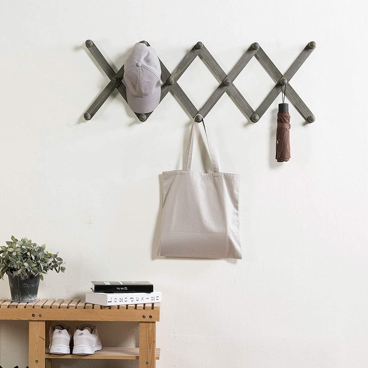 14 Hook Vintage Gray Wood Wall Mounted Expandable Coat Rack, Accordion Peg Hanger-MyGift