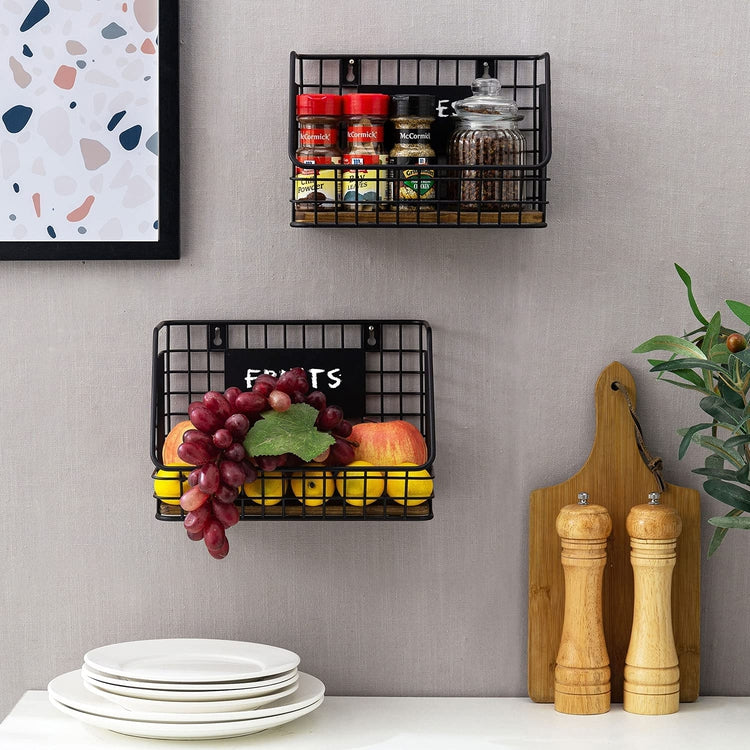 Set of 2, Black Metal Wire and Burnt Brown Wood Wall Mounted Kitchen Storage Organizer Baskets with Chalkboard Labels-MyGift