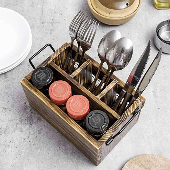 Brown Wood Utensil Holder & Napkin Rack with Black Metal Carry Handles and Chicken Wire Front Panel-MyGift