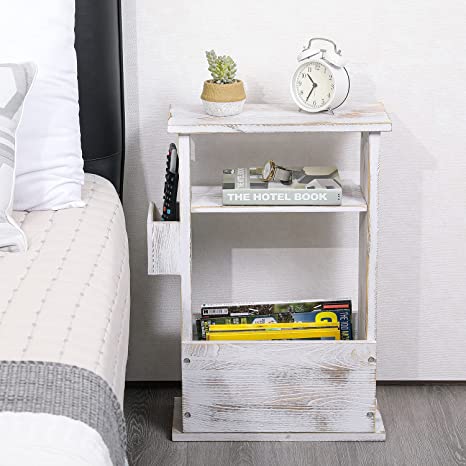 2 Tier Shabby Whitewashed Wood End Table with Magazine Holder, Display Shelf and Remote Control Holder Rack-MyGift