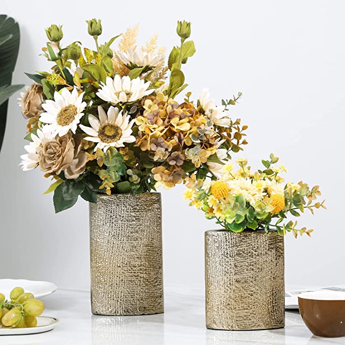 Gold Tone Oval Flower Planter Pot with Metallic Linen Pattern Design, Set of 2-MyGift