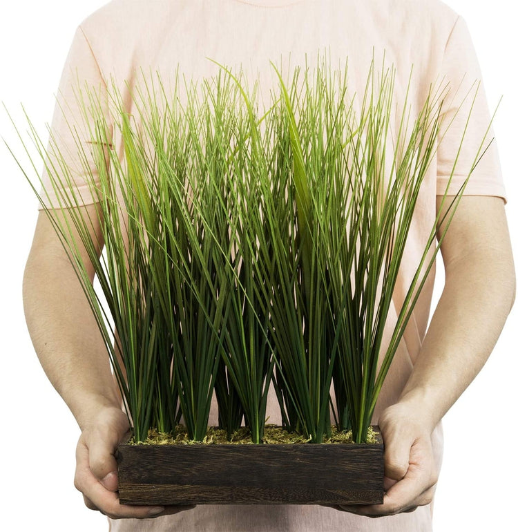 16 Inch Artificial Shrubs Onion Grass, Faux Greenery Plants in Rectangular Brown Wood Planter Box-MyGift