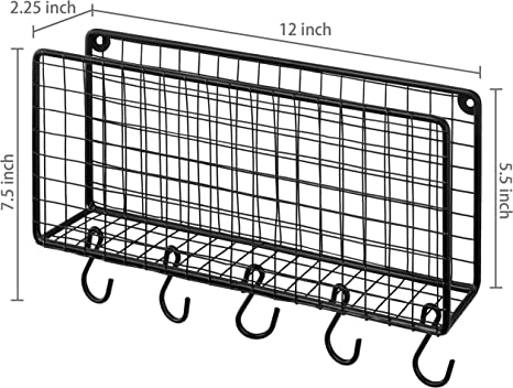 Wall Mounted Modern Black Metal Mail Holder Organizer, Mail Sorter with 5 Removable S-Hooks-MyGift