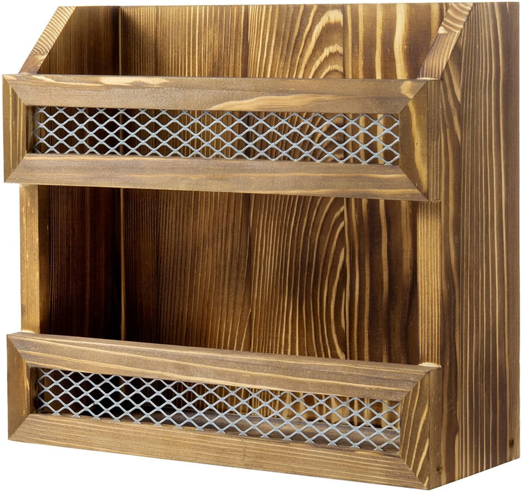 Burnt Wood Magazine Holder with Chicken Wire Rail, Wall Mountable Storage Organizer Rack for Upright Magazine Display-MyGift