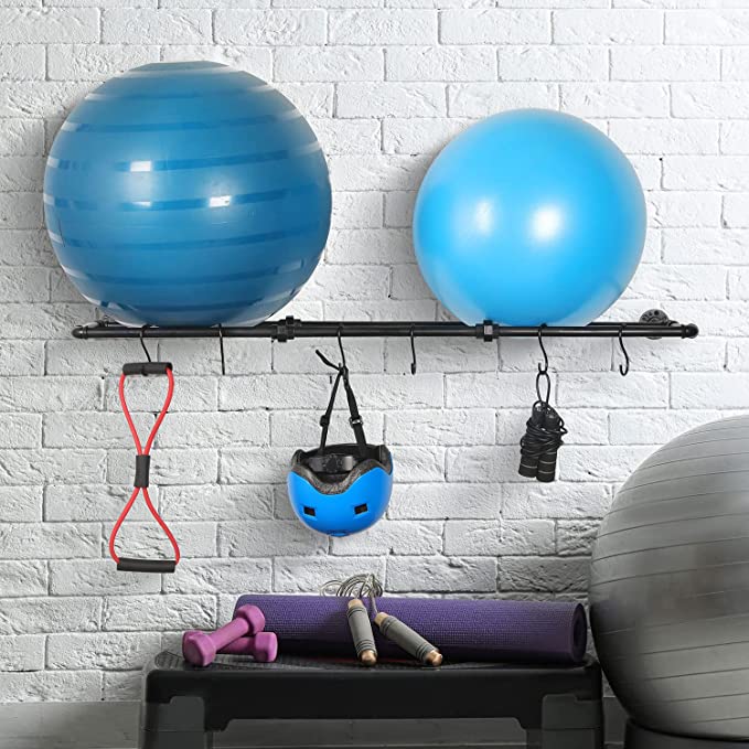 Wall Mounted Industrial Matte Black Metal Exercise Yoga Ball Storage Rack with 6 S-Hooks-MyGift