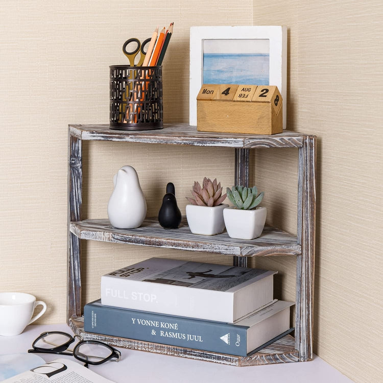 Tiered Torched Wood Kitchen Countertop Corner Organizer Shelf-MyGift