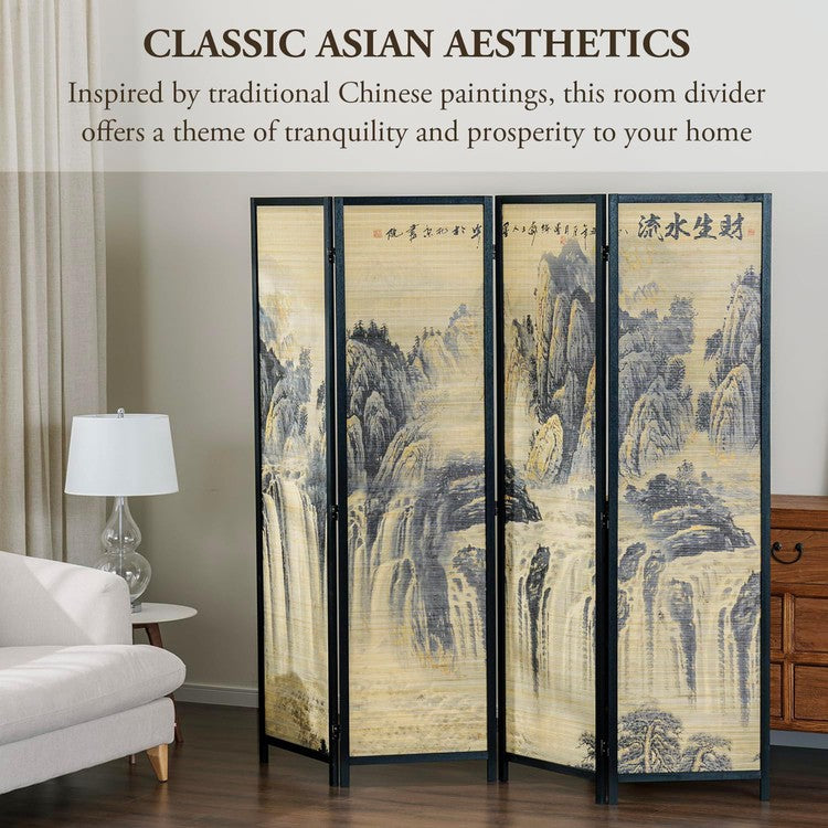Paneled Black Frame Freestanding Room Divider Bamboo Folding Privacy Screen with Dual Sided Asian Mountain & Waterfall-MyGift