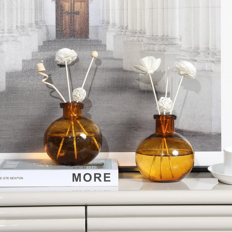 Set of 2, 5 inch Mid-Century Modern Amber Tinted Bulb Glass Decorative Diffuser Bottles, Flower Bud Vases-MyGift