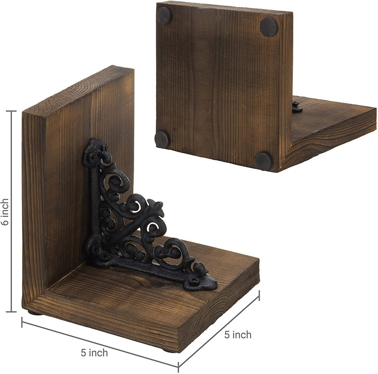Decorative Rustic Burnt Wood & Cast Iron Vintage Scrollwork Tabletop Bookends-MyGift