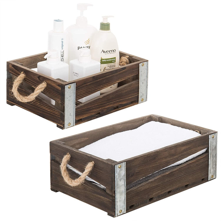 Set of 2 Brown Wood Rustic Nesting Storage Crates with Rope Handles, Open Top Storage Boxes-MyGift