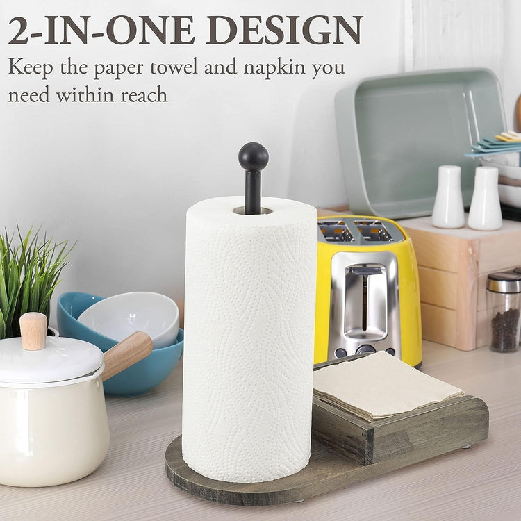Weathered Gray Wood and Black Metal Paper Towel Roll Holder and Napkin Dispenser Combination Storage Rack-MyGift
